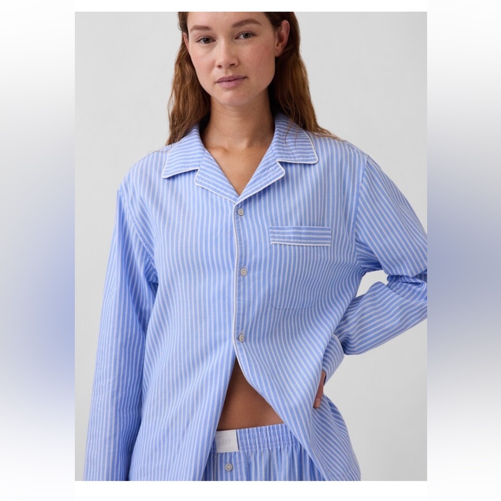 New Gap Pajama Top Women’s Small Poplin 100% cotton Long Sleeve Blue Striped - Picture 4 of 9